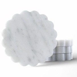 Marble Coasters Set of 4 - Natural Stone Coaster for Drinks, Modern Cup Holders, Bar Coffee Table Desk Scalloped Decor, Cool Home Decor 4 Inches (White Scallop Carrara, Round)