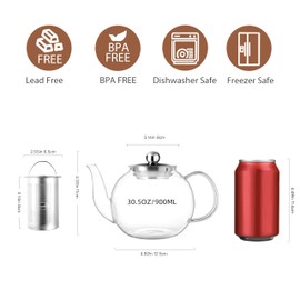 CNGLASS 900ml Glass Teapot with Removable Infuser,Clear Tea Kettle Stovetop Safe,Blooming and Loose Leaf Tea Maker