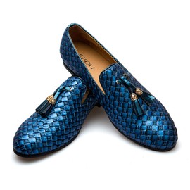 Men's Vintage Velvet Embroidery Noble Loafer Shoes Slip-on Loafer Smoking Slipper Tassel Loafer, Blue/02, 11.5 US