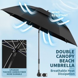 NBtoUS 2 Pack 48.6" Double Canopy Umbrella with Clamp, UPF50+ Beach Chair Umbrella with Clip, 360°Adjustable Portable Outdoor Wheelchair, Patio, Golf Carts,Camping（Black）
