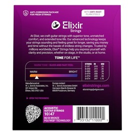 Elixir, cuerdas de bronce para guitarra acústica 80/20 con recubrimiento Polyweb, extralivianas (.010-.047), blanco negro rojo azul