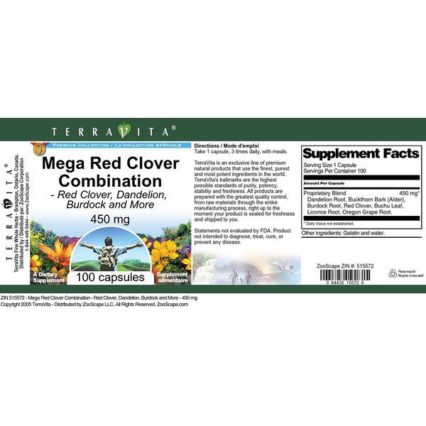 TerraVita Mega Red Clover Combination - Red Clover, Dandelion, Burdock and More - 450 mg (100 Capsules, ZIN: 515572) - 3 Pack