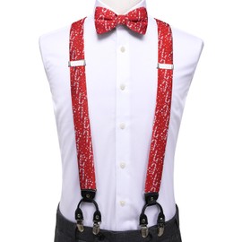 Dubulle Silk Christmas Suspender for Men Mens Festival Pattern Braces and Bowtie Handkerchief Cufflinks Set,Red