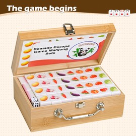 QYMZKA 30mm Seaside Escape Game Blocks, 2-4 Players Mahjong Block Game Set - 4 Themes (Chinese Classic/Pandas/Marine Animals/Fruits & Vegetables) with 65 * 65cm Tablecloth, 128 Tiles, 8 Blank Tiles.