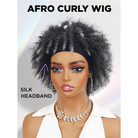 WIGER Short Afro Bouncy Curly Headband Wig Kinky Curly Wigs with Headbands Attached Afro Coily Headband Wigs Ombre Gray Synthetic Afro Wigs(T1B/0906#)