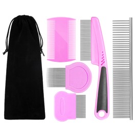 Flea Comb For Dogs & Cats Pet Comb Grooming Set 5 Pieces Metal Teeth Durable Remove Tear Stain Float Hair Combing tangled hair Dandruff Add Storage Pouch (pink)