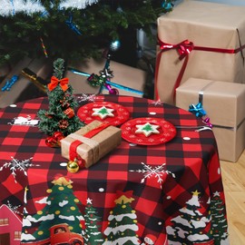 ROLOSI 60inch Round Christmas Table Cloth Christmas Trees Tablecloth Red and Black Checkered Buffalo Plaid Table Cloth for Round Tables Waterproof Table Cover for Home Kitchen Dinning Decoration