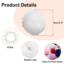 sourcing map 9cm Faux Fur Pom Pom Balls, 10 Pcs White Fluffy Soft Faux Fur Pom Poms for Hats with Elastic Loop for DIY Knitting Hats Keychain Scarves Gloves Bags Shoes Accessories