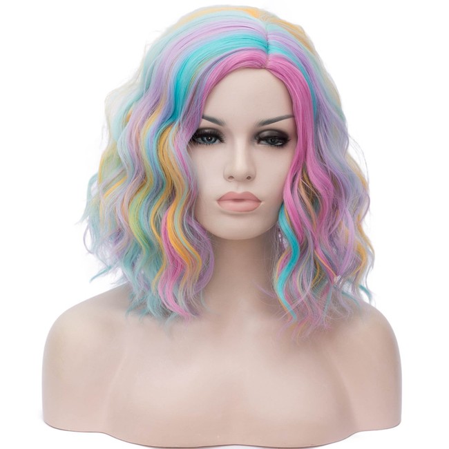 BUFASHION 14" Women Short Rainbow Kinky Straight Cosplay Synthetic Wigs With Air Bangs 46 Colors Available (Rainbow)