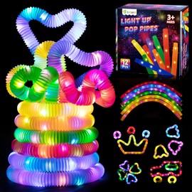 D-FantiX LED Light Up Pop TubesGlow Sticks, Glow Fidget Toy in The Dark Necklaces Bracelets, Birthday Party Favor for Kids, Christmas Decorations Supplies Goodie Bag Stuffers for Boys Girls