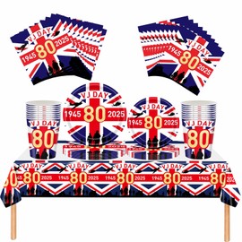VJ Day 80th Anniversary Decorations Tableware Set - 2025 VJ Day Party Supplies with 20 Napkins, 16 Cups, 16pcs 7inch and 9inch Plates, 1pc Tablecloth for 80 Years Victory in Japan Party Decorations