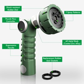 RESTMO Heavy Duty Hose Nozzle, Metal Garden Water Hose Sprayer with 7 Watering Patterns, Thumb Control, On Off Valve, High Pressure Nozzle Sprayer for Watering Plants, Car and Pet Washing, Green