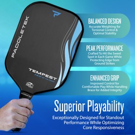 Paddletek Tempest TKO-C - Professional Pickleball Paddles with Polymer Honeycomb Core - PT-700 Unidirectional Carbon Fiber – Torsional Weighting & High Tack Performance Grip - USAPA Approved - Riptide