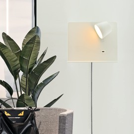 LED Wall Sconce with USB Charging Port, Wall Light Fixtures Plug in Cord Reading Lights for Bedroom Bedside Rotation Wall Lamp with Switch 3000k Warm for Living Room Hotel-White 5.51x8.66 inch