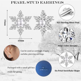 Christmas Gifts Pearl Earrings for Women | Snowflake Cubic Zirconia Pearl Earrings Studs | Hypoallergenic Piercing Cartilage Jewelry Christmas Birthday Gifts for Ladies Silver Color