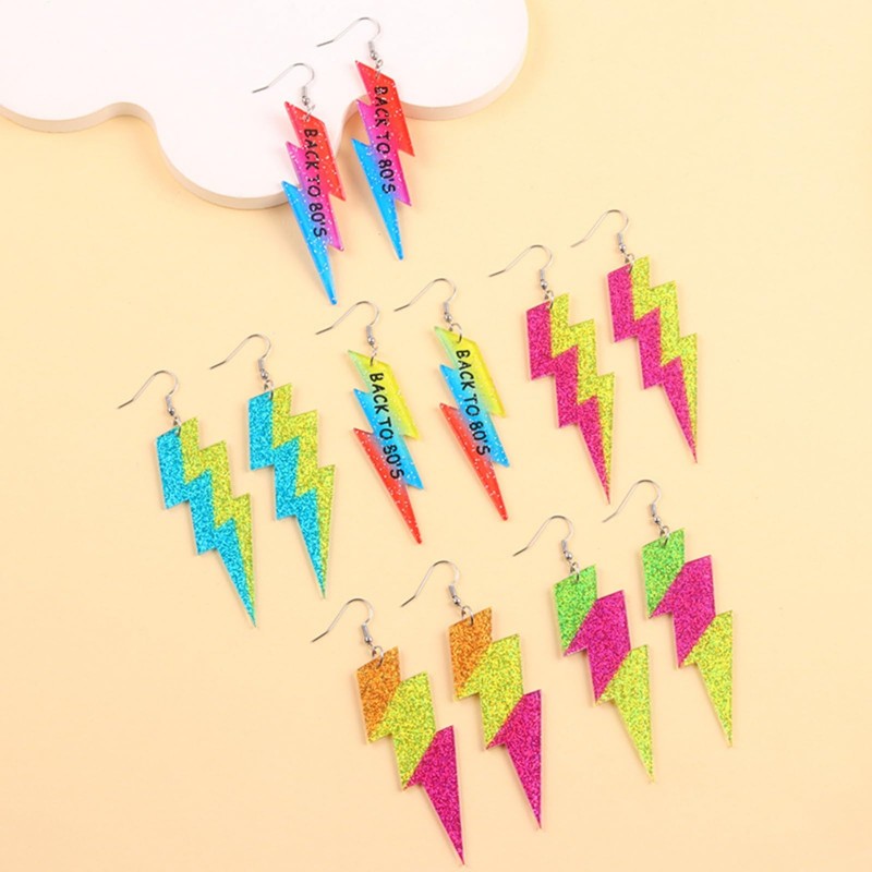 WCRAZYE 80s Retro Neon Earrings Lightning Bolt Dangle Earrings for