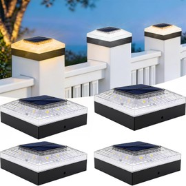 ROMANJOY 4x4 Post Solar Lights, 3 Colors Fence Light Solar Powered, 2 Brightness Solar Post Cap Lights Waterproof for Wood/Vinyl Posts, Garden, Patio, Deck, Hammered Light, 4 Pack