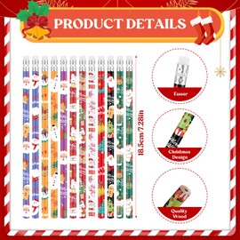 GSrenyu 24 Pcs Christmas Pencils with Erasers Tips, 12 Styles Cartoon Snowman Santa Claus Gingerbread Man Bear Christmas Tree Bells Pencils for Kids Xmas Stocking Box Fillers Party Favours