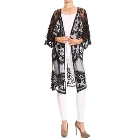 Anna-Kaci Floral Crochet Lace Cardigan for Women Beach Cover Ups Dress Kimono, Black, OneSize