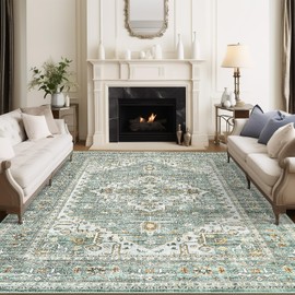 befbee 8x10 Area Rugs for Living Room, Stain Resistant Neutral Washable Rugs for Dining Room, Floral Vintage Non-Slip Thin Large Size Area Rug （Green）
