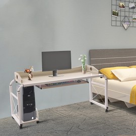 Overbed Table with Wheels, Height and Length Adjustable Mobile Table, 47 inch Standing Workstation Laptop Cart, Queen Size Overbed Desk, Portable Overbed Computer Table Laptop Desk, White