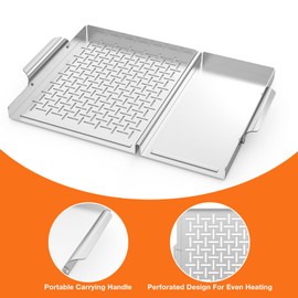 Onlyfire BBQ Grill Tray, Stainless Steel Grill Topper Grill Pan with Holes and Handle for Grilling Veggies, Meat & Seafood, Outdoor Flat Top Grilling Basket for Any Grills