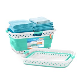 Pop & Load Collapse & Store Set of 2 Large 25" Slim Collapsible Laundry Basket, Space Saving Portable Pop Up Storage & Organization Basket,3" High When Folded, Dual Comfort Grip Handles, Teal/White