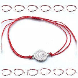 trendy Red Bracelet Round Medal Silver St. Benedict Adjustable 6in-10in Pack x12