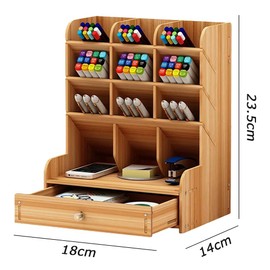 Wooden Desk Organizer with Drawers, Multi-Functional DIY Pen Holder Box, Art Supply Storage Organizer, Pen Holder Suitable for Home, Office and School (Wood, 18 * 14 * 23.5 CM)