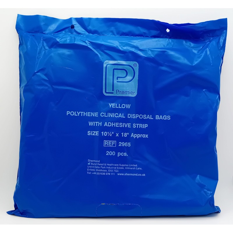 Yellow Polythene Clinical Disposable Bags 10.5" x 18" - Pack