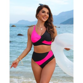 Blooming Jelly High Waisted Bikini Sets for Women Modest Two Piece Swimsuit Curvy Neon Bathing Suit 2024 (M, Black Pink)