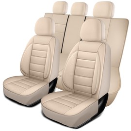 HChengkikz Leather Seat Covers Full Set Universal Water Resistant 3D Foam Back Support, Luxury Comfort Automotive 5 Seat Covers All Season Fit for SUV,Sedan,Van, Airbag Compatible Elegance(Beige)
