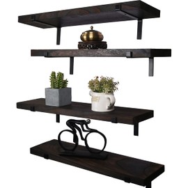 HXSWY 24 Inch Rustic Wood Floating Shelves for Wall Decor Farmhouse Wooden Wall Shelves for Bathroom Kitchen Bedroom Living Room Set of 4 Dark Brown
