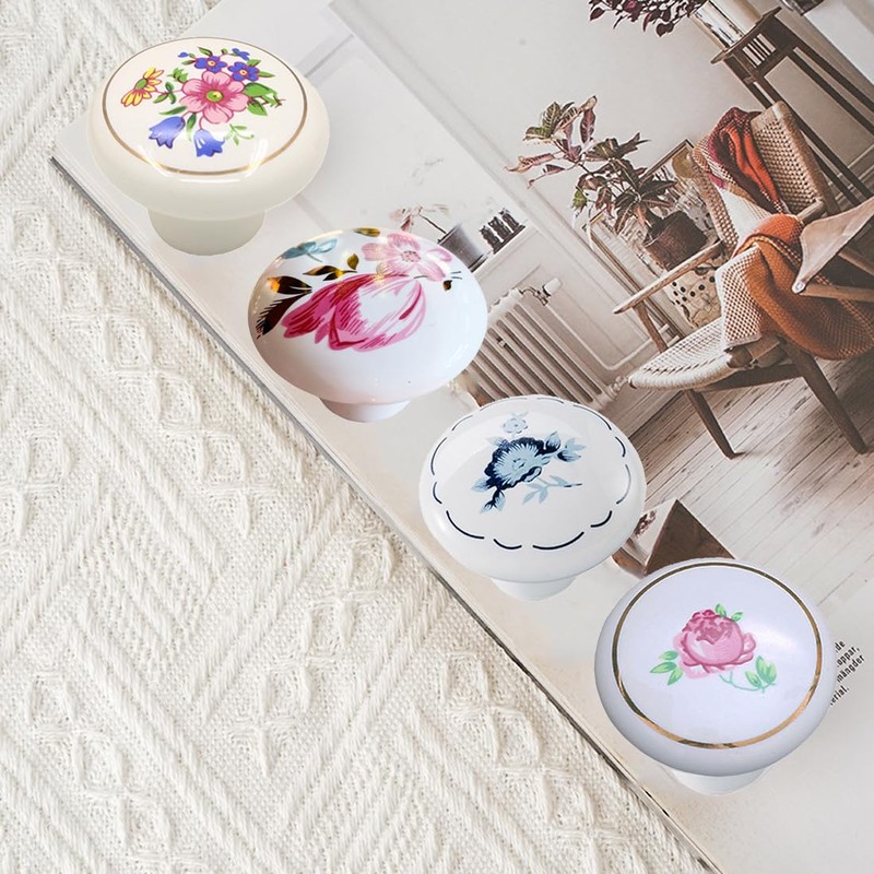 Tverghvad Ceramic Hand Painted Drawer Knobs, [12 Pack] Vintage Flower