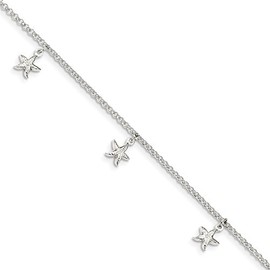 FB JEWELS Solid 925 Sterling Silver Starfish Dangles 9 Inch 1 Inch Ext. Anklet