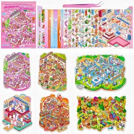 6 Sets Pink Large Scene 3D Miniature Scene Stickers,DIY House Sticker with Tweezers Make Your Own Cartoon Collection Book Sticky Scene for Kids Adults Girls Relief Stress,Party Favors Birthday Gift