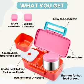 PIQUEBAR Kids Lunch Bento Box with 8oz Thermo Ice Pack Food Container with Insulated Lunch Bag, Insulated Water Bottle with Straw for Girls Boys, (A-Pink)