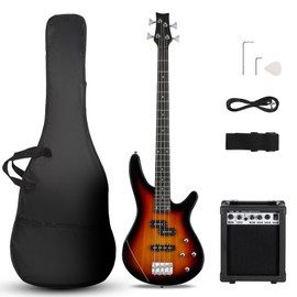 Ktaxon Ktaxon Electric Bass Guitar 4 String Bass Guitar with 20 Watt Amplifier, PJ Type Pickup, Naturally air-dried Maple Neck, Rosewood Fretboard, Basswood Body(Sunset)