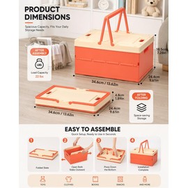 Pastel Plastic Collapsible Storage Crates with Lids and Handle Collapsible Picnic Basket Stackable Storage Bins Cute Foldable Container for Home Kitchen Office Bathroom (14'' Orange)