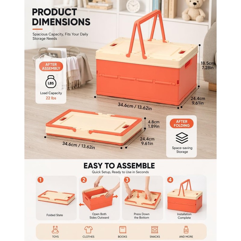 Pastel Plastic Collapsible Storage Crates with Lids and Handle Collapsible