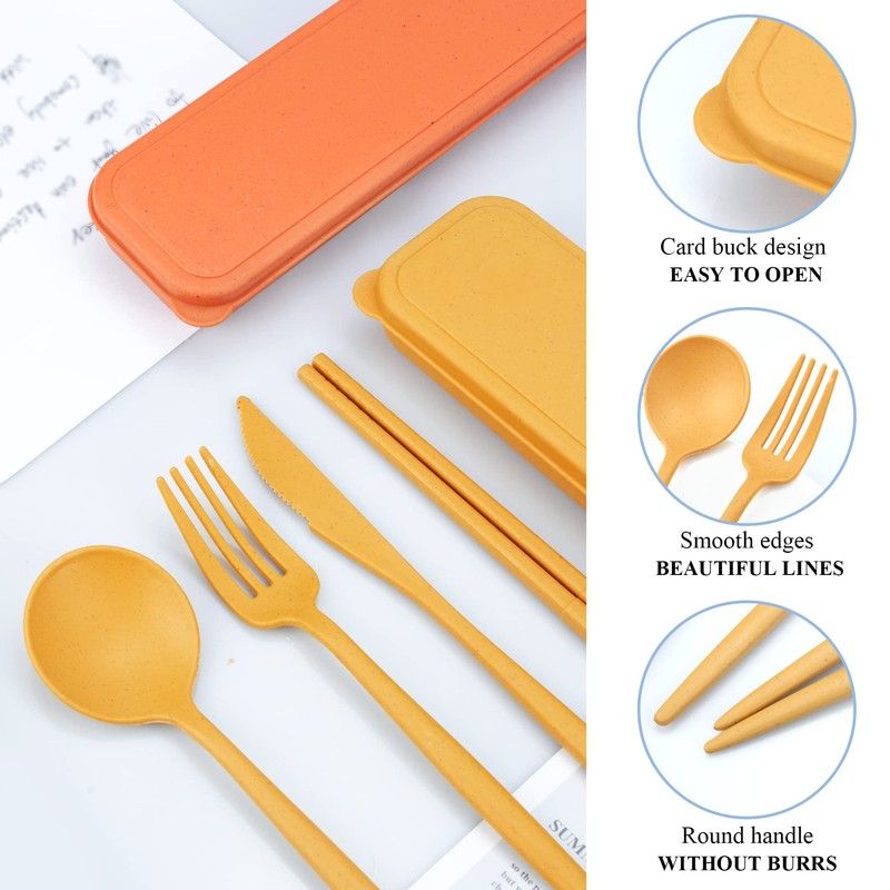 DISSKNIC Reusable Travel Utensils with Case, 4 Sets Wheat Straw