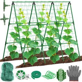 Tetutor Cucumber Trellis for Raised Bed, 50x 54 inch A-Frame Garden Trellis for Climbing Plants Outdoor, Metal Arch Trellis with Netting, Vegetables Trellis for Grape Pea Bean