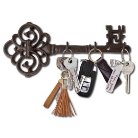 Comfify Decorative Cast Iron Wall Key - Vintage Key with 3 Hooks - Wall Mounted - Rustic Cast Iron Hanger - 10.8 x 4.7 - with Screws and Dowels