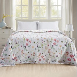 Elegant Comfort Ultra Soft Print Flannel Fleece Bed Blanket, Cozy-Fuzzy Lightweight Bedspread Coverlet, All Season Decorative Blanket for Couch, Sofa, Floral Design, Queen Size, Bloom