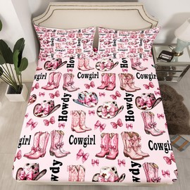 Western Cowgirl Bed Sheet Set 3 Pieces,Princess Bowknot Kawaii Pink Bow-tie Bedding Set(No Flat Sheet),Rustic Cowhide Print Cowgirl Boots Cap Fitted Sheet,2 Pillow Cases,Full Size
