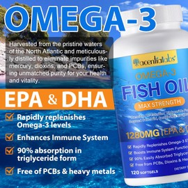 Omega 3 Fish Oil Capsules, High Purity Fish Oil Supplement, 120 Capsules, Clean Formula, Tested for Heavy Metals