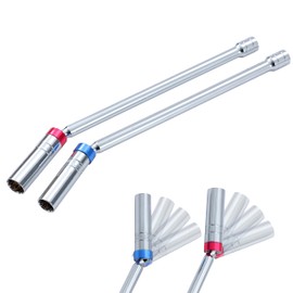 KATSU 14mm 16mm Swivel Magnetic Spark Plug Socket Wrench 3/8" Drive 12-Point 2 PCs Long Flexible Wobble Thin Wall Removal Tool, Chrome Vanadium Steel, Car Auto Repair Garage Tool