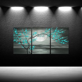 iKNOW FOTO 3pcs Grey and Teal Floral Canvas Prints Framed Plum Blossom Tree Oil Painting Printed on Canvas Gallery Wrapped Full Moon Flower Pictures Living Room Traditional Paintings 16x24x3pcs