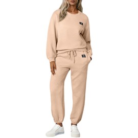 Herseas Fashion 2 Piece Airport Outfit 2025 Plus Size Crewneck Pullover Sweatshirt with Jogger Sweatpants Travel Track Suits Beige Large