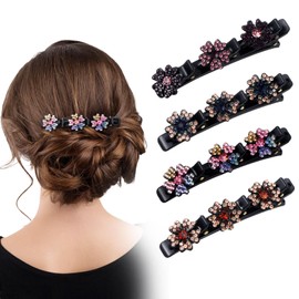 Nogeqi 4PCS Sparkling Crystal Stone Braided Hair Clips, Shiny Fancy Hair Clips Elegant Four-Leaf Clover Braided Hair Clips for Women Styling, Braid Rhinestone Hair Accessories for Women Girls
